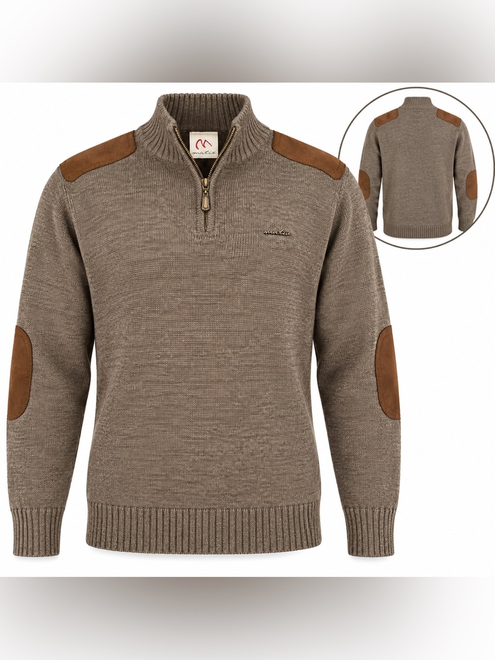 Matix Men’s Taupe Zip-Up Sweater with Brown Suede Elbow & Shoulder Patches
